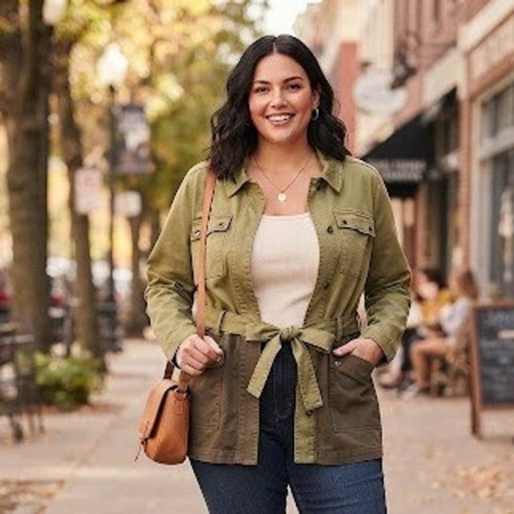 Lane Bryant Women 18 Utility Field Jacket Two Tone Olive Green Tie Waist Cotton